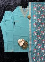 Roman Silk Blue Festival Wear Hand Work Readymade Straight Suit